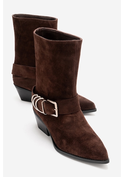 Luvishoes Velmor Kahverengi Süet Hakiki Deri Tokalı Kadın Western Bot Kahverengi