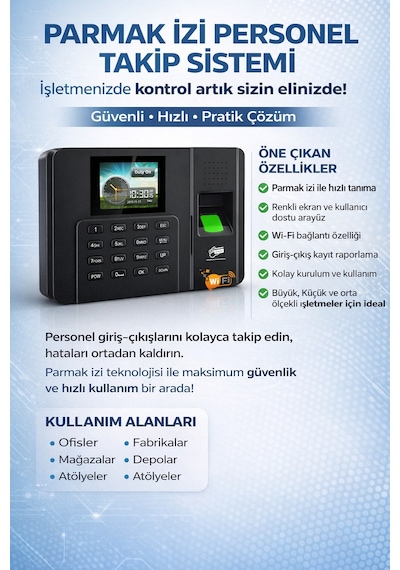 Wifi Kablosuz Parmak İzi okuyucu-kartlı Giriş Çıkış Personel Takip Cihazı (10 KART DAHİL)