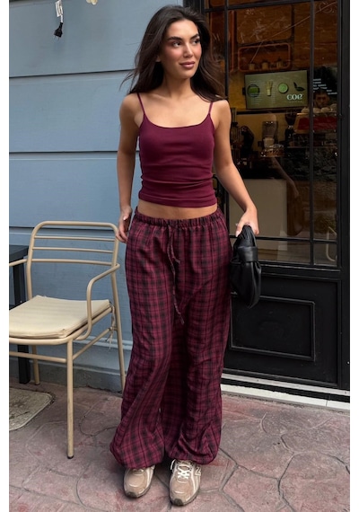 Madmext Bordo Ekose Desenli Yüksek Bel Balon Fit Kadın Pantolon Mg2726