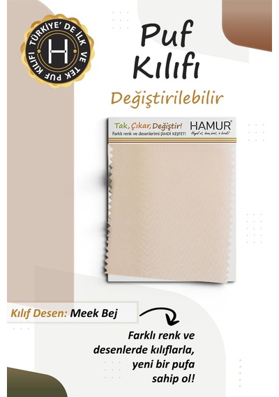 Yıkanabilir Puf Tabure Kılıfı Tak-Çıkar-Değiştir-Yenile Orta Sehpa Kılıfı 59x37x17 Meek Bej