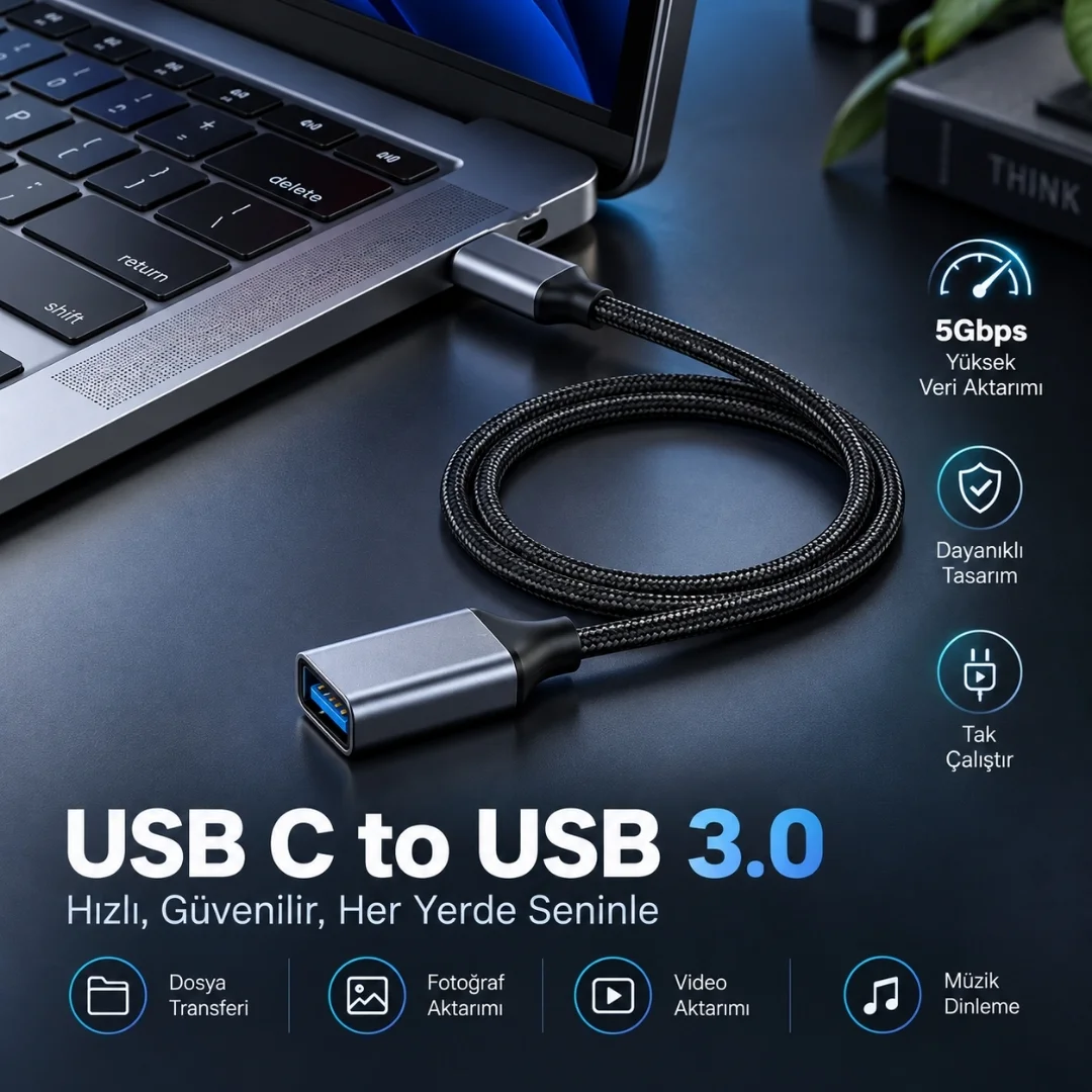 Samsung Uyumlu Usb Type C To Usb 3.0 Dişi Erkek Uzatma Kablosu Ara Ek Bağlantı 5gbps 1 Metre