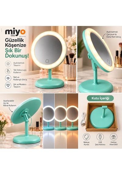 Led Işıklı Makyaj Aynası Dokunmatik Kontrollü Ayarlanabilir Açılı Masaüstü Ayna Mint Yeşili Yeşil