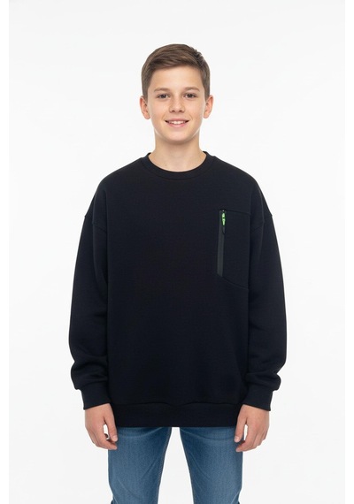 Bisiklet Yaka Cep Fermuar Detaylı Erkek Çocuk Sweatshirt-90855 Siyah