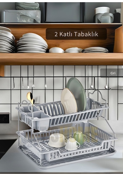 2 Katlı Bulaşıklık Paslanmaz Tezgah Üstü Tabaklık Bpa Free Bulaşık Sepeti Kurutmalık Gri