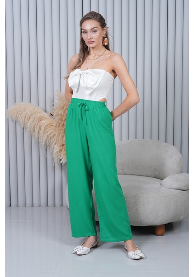 Polologin Butik Beli Bağcıklı Yüksek Bel Bol Paça Yeşil Pantolon Çok Renkli