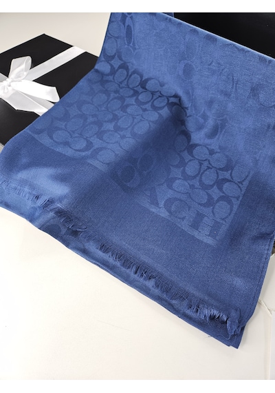 Miorel Scarfs C Desen Çift Taraflı Kaşmir İpek Şal 4 Mevsim Pamuk Şal İndigo