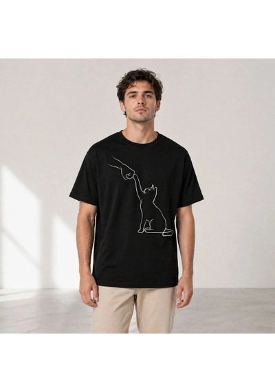 Freedom Storee Erkek Minimal Kedi Çizim Baskılı Tişört Kısa Kol Yazlık T-shirt - Siyah Çok Renkli