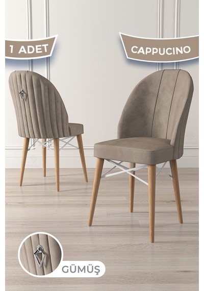 Canisa Ritim Serisi 1 Adet Cappucino Sandalye 1.sınıf Babyface Ithal Kumaş Doğal Ahşap Ayak Gümüş Halkalı Sandalye Cappucino Ayaklar Doğal Ahşap