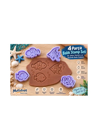 4 Parça Balık Stamp Seti Kil, Şeker Hamuru Ve Seramik Baskı Kalıpları Çok Renkli