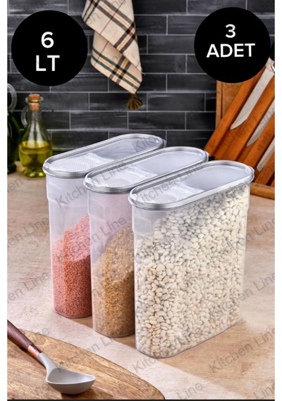 Erzak Bakliyat Kiler Saklama Kabı 3lü, 6lt Gri