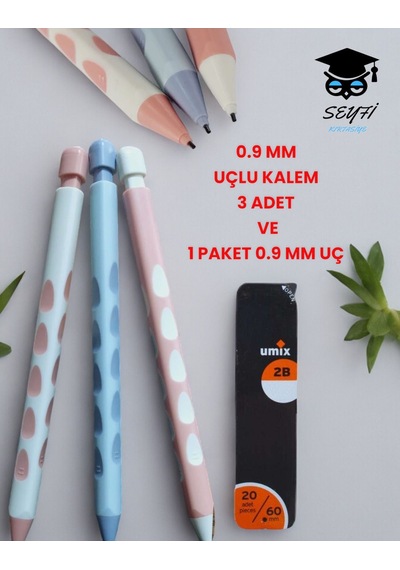 0.9 Mm Uçlu Kalem 3 Adet Ve 1 Paket 0.9 Mm Uç Çok Renkli
