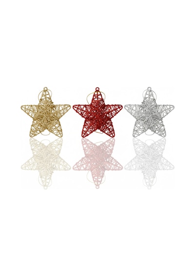 6 Adet Yılbaşı Ağacı Tel Yıldız Süs 8 Cm - Kırmızı, Gümüş, Altın Renkli 3 Boyutlu Lüks Dekorasyon Seti Özel Pvc Kutulu