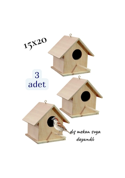 Ncy Ahşap Kayın Kuş Yuvası Kuş Evi Dış Mekan Suya Dayanıklı 3 Adet 15 x 15 x 20 CM
