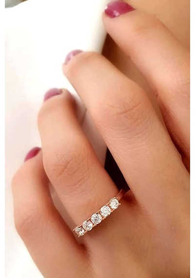Sky Diamond Gümüş Rose Altın Kaplama Beş Taş Yüzük