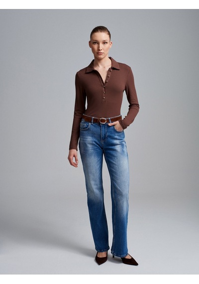 Dilvin 32671 Düğme Detaylı Polo Yaka Top-açık Kahve Açık Kahverengi