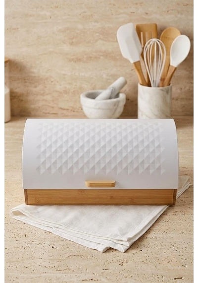Bambu Gövdeli Beyaz Pane Ekmek Dolabı 38x25x18.5 Cm - Mekanizmalı Metal Kapaklı Ekmeklik
