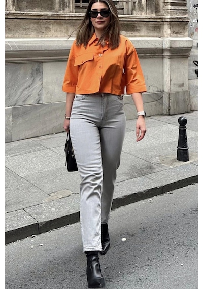 WeShaya Kadın Gri Yüksek Bel, Rahat Kesim, Boru Paça, Skinny Kot Pantolon - Jeans Açık Gri