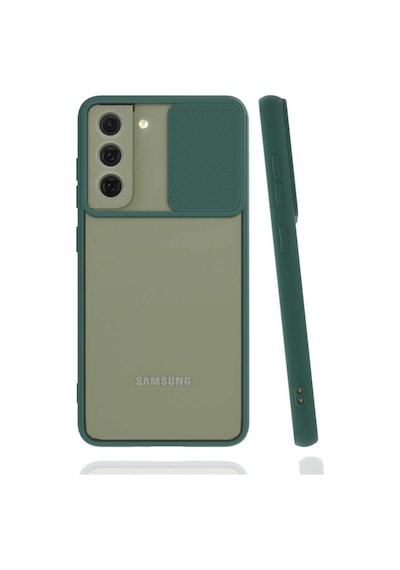 Kilifone - Galaxy S21 Fe Uyumlu - Kılıf Slayt Sürgülü Arkası Buzlu Lensi Kapak - Koyu Yeşil