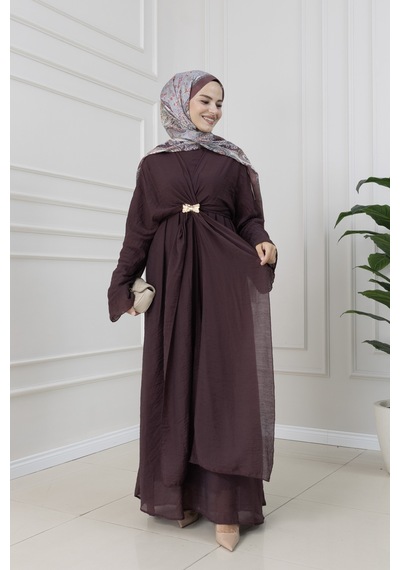 Sevitli Bolerolu Toka Detaylı Defne Elbise-bordo-5803