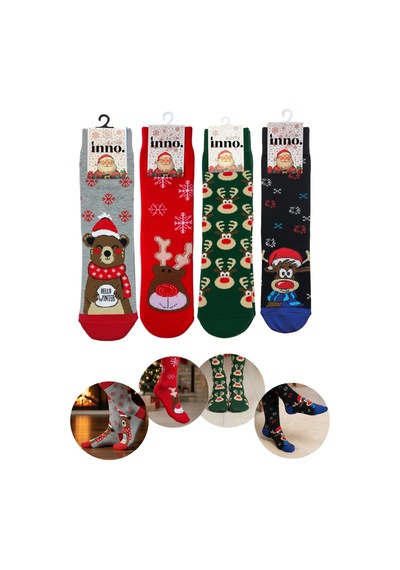 Inno Unisex Eğlenceli Desenli Kraft Kutulu Çorap 4'lü Set Kırmızı