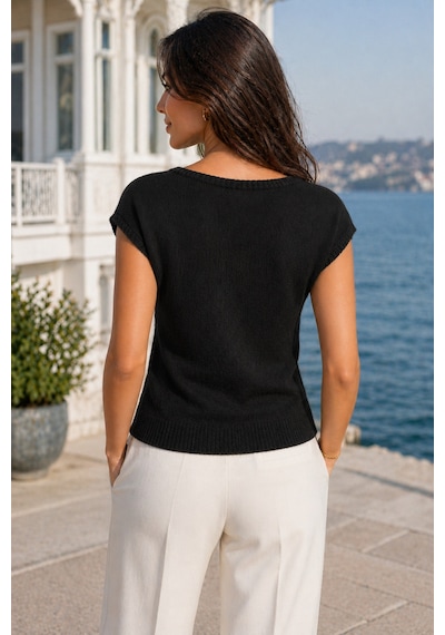 Aqefashion Kadın Kayık Yaka Kolsuz Pamuklu Boyu Ayarlanabilir Lastikli Rahat Yumuşak Crop Siyah Triko Bluz