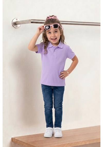 Nacar Store Unisex Çocuk Polo Yaka Kısa Kollu Lakost Tişört Okula Dönüş Lila
