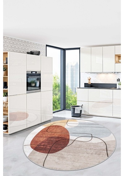 West Home Dijital Baskı Yıkanabilir Kaymaz Taban Leke Tutmaz Yuvarlak Mutfak Halısı Ve Salon Halısı Wh 578 Beige Yuvarlak