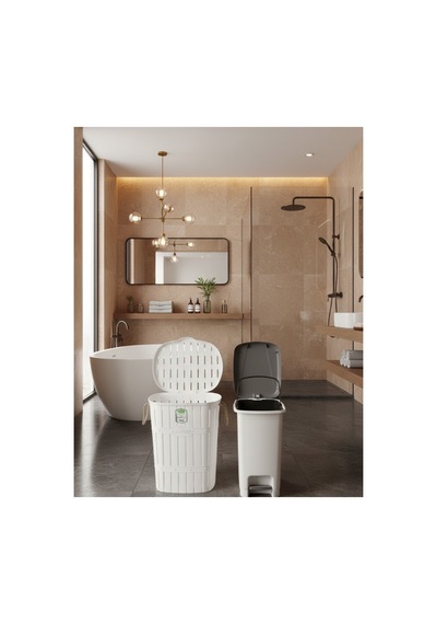 Bambu Görünümlü Halatlı Çamaşır Sepeti 65 Lt Ve Pedallı İç Kovalı 40 Lt Banyo Seti Beyaz - 839857297 Beyaz