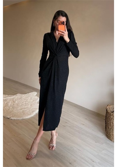 Neşeli Butik Kadın Siyah Bel Büzgü Detaylı Yırtmaçlı Midi Boy Abiye Elbise Nm027 Siyah