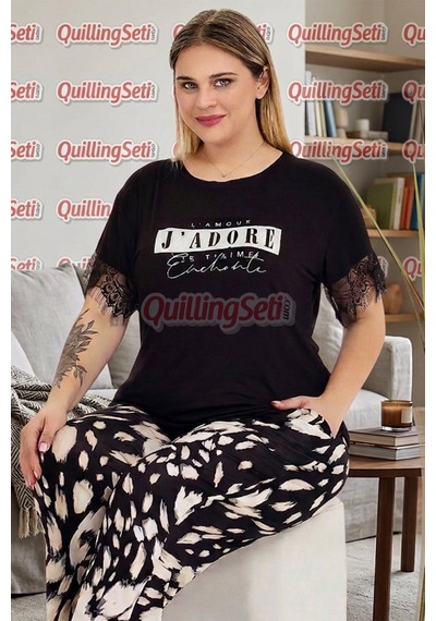 Lady Siyah Renk, Desenli Ve Dantel Detaylı 10980 Kısa Kollu Kadın Büyük Beden Anne Pijama Takımı Siyah - Beyaz