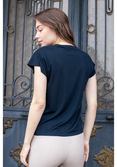 Kadın İpeksi Kumaş Geniş Sıfır Yaka Kısa Kol Tshirt Bluz-koyu Lacivert K.lacivert