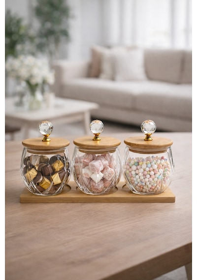 Kristal Kulplu Cam Kavanoz 10x10 Cm Seti 3 Lü Bambu Kapaklı & Ahşap Altlıklı Dekoratif Saklama Kabı Şeffaf