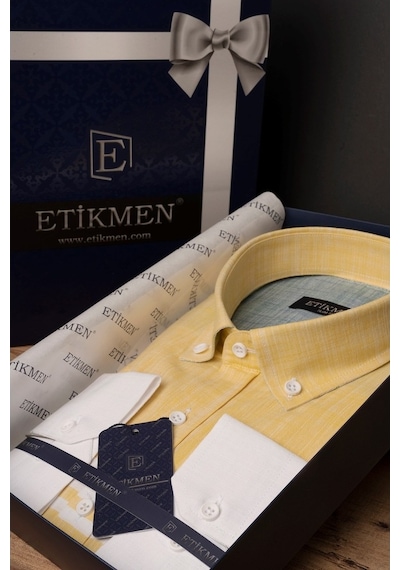 Panolu Sarı Yeşil Slimfit Keten Erkek Gömlek Sarı
