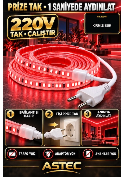 Astec Yapışkanlı 100 Metre Kırmızı 220v Silikonlu Şerit Led Yüksek Güç Tak Çalıştır İç Dış Mekân Su Geçirmez