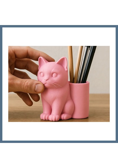 Buradabulabilirsin 3d Baskı Kedi Figürlü Kalemlik - Masaüstü Organizer - Pembe Bbz