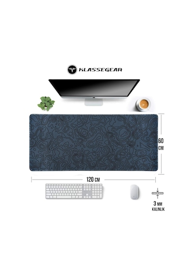 Klasse Pro - 5 Farklı Model Dikişli Kenar 120x60 Cm Oyuncu Gaming Mouse Pad Dark Grey Map Line