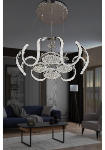 Eliza 4 Toplu Simli Slikonlu Modern Yüksek Işık Salon Led Avizesi - Kumandalı / Krom Krom