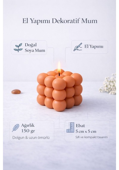 Dekoratif Lüks Soya Mum, El Yapımı Doğal Mum, Uzun Yanma Süreli Ev Hediyesi, Ev Süsü Turuncu 140 G Turuncu