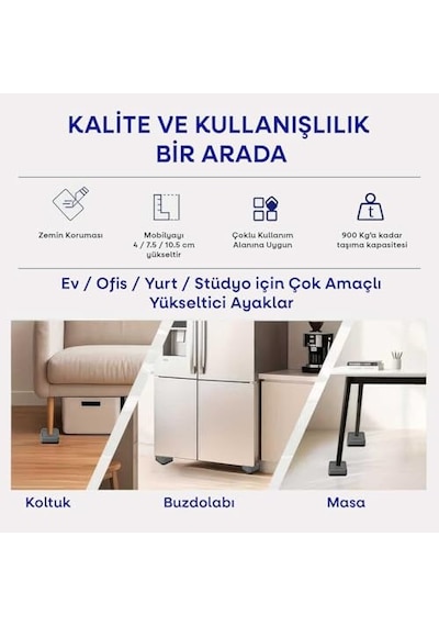 Tineke Robot Süpürge Mobilya Ayağı Ve Dolap Yükseltici Ayak Kaydırmaz Ve Yükseltici 4 Lü Gri Kare 4 Cm 6395751