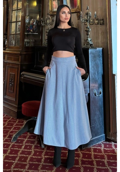WeShaya Mavi Yüksek Bel, Cepli, Kiloş Kesim, Pötikare Örme Kaşe Uzun Etek Mavi