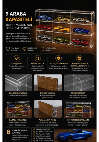 9 Model Araç Kapasiteli Şeffaf Fleks Koleksiyon Standı Aynalı Arka Panel