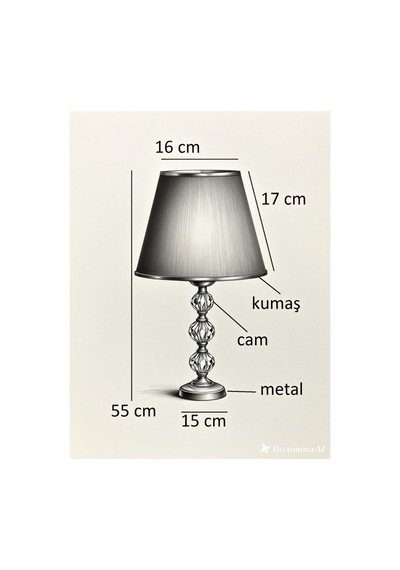 3 Taşlı 55 Cm Masa Abajuru Cam Gövde Kumaş Başlık Metal Ayaklı Gece Lambası Aydınlatma