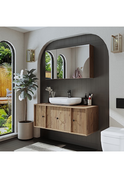 Oval Lavabolu Mat Mdf 120 Cm Banyo Alt Dolabı + Aynalı Dolap Atl Atlantik Çam