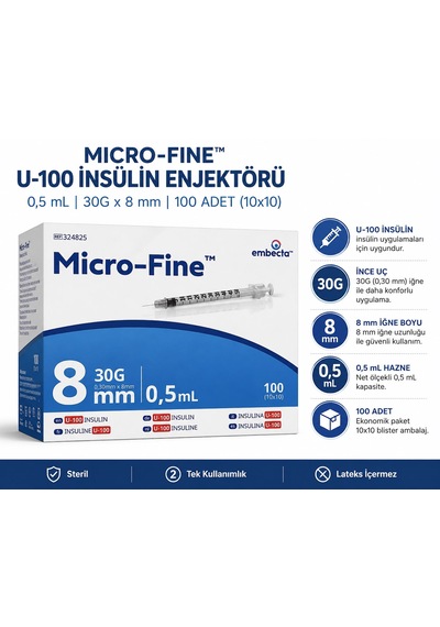 Embecta Micro-fine U-100 0,5 Ml 30g 8 Mm İnsülin Enjektörü 100 Adet