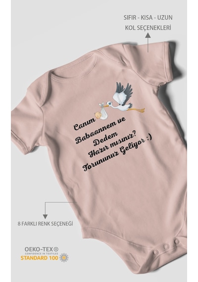 Canım Babannem Ve Dedem Hazır Mısınız Baskılı Bebek Zıbını Çıtçıtlı Body %100 Pamuk Kısa Kol Pastel Pembe