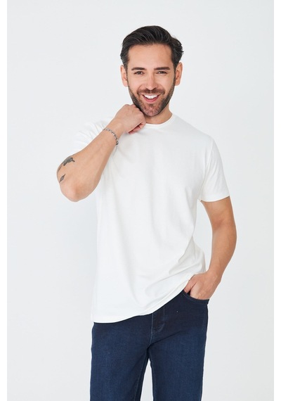 Beyaz Bisiklet Yaka Basic T-shirt Ekru