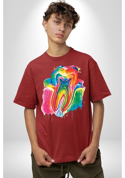 Diş Doktoru Diş Anatomisi Özel Tasarım Pamuklu Bisiklet Yaka Unisex Oversize Boyfriend Dijital Baskılı Kırmızı T-shirt Kırmızı