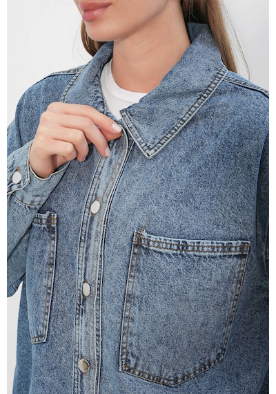Bigdart Çift Cepli Oversize Denim Buz Mavisi Kadın Ceket 694