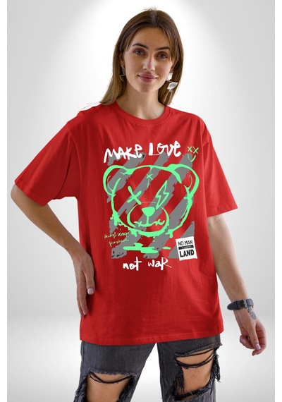 Savaşma Teddy Bear Pamuklu Bisiklet Yaka Unisex Oversize Boyfriend Dijital Baskılı Kırmızı T-shirt Kırmızı