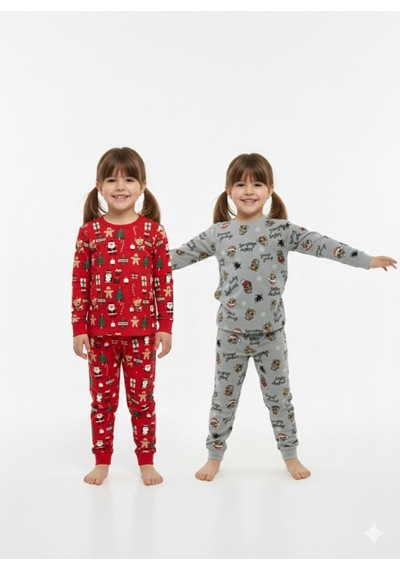 Kız Çocuk Hayvan Desenli Ve Kış Desenli 2'li Pijama Takımı Çok Renkli